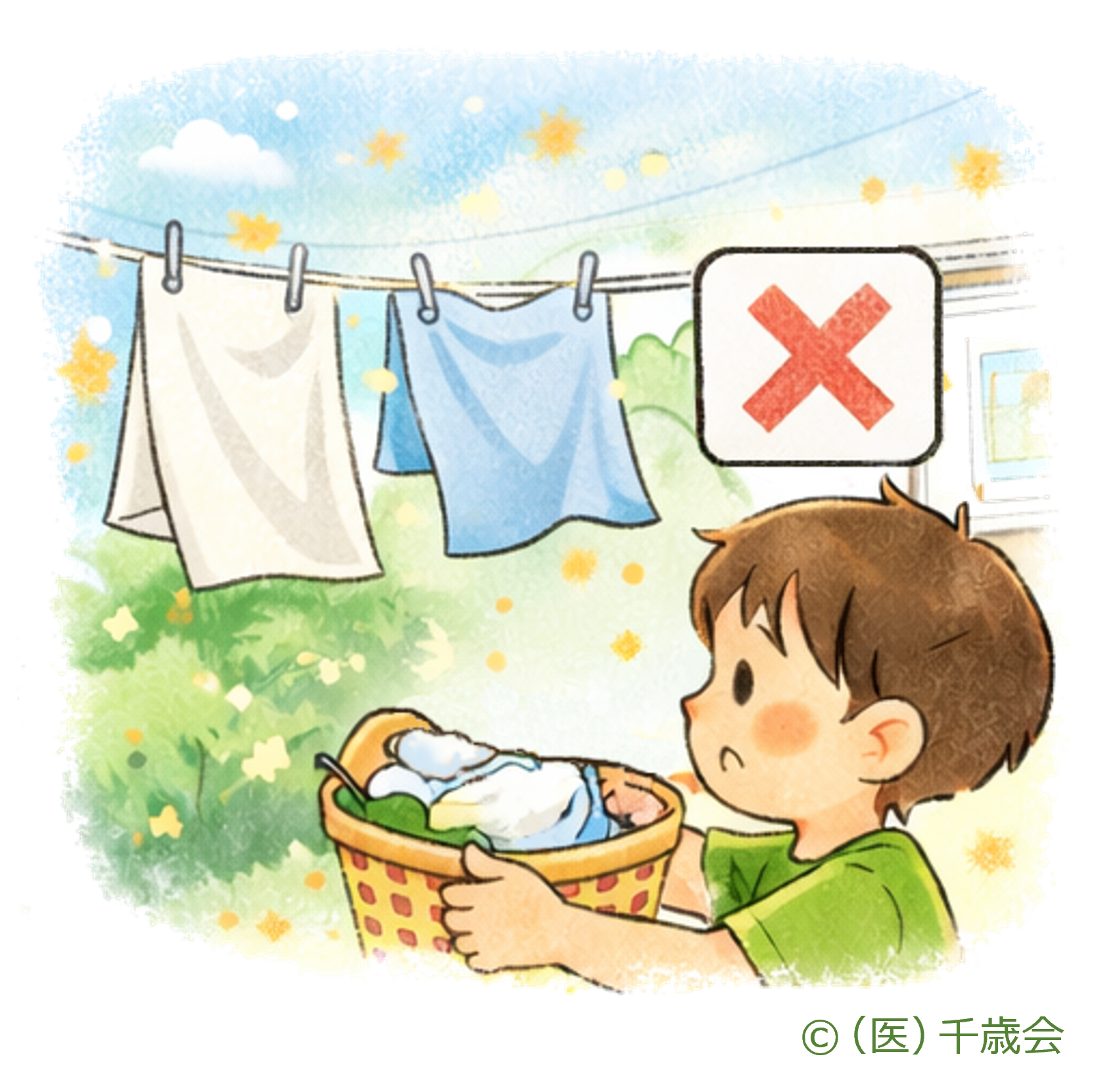 洗濯物の外干しを控えるイラスト